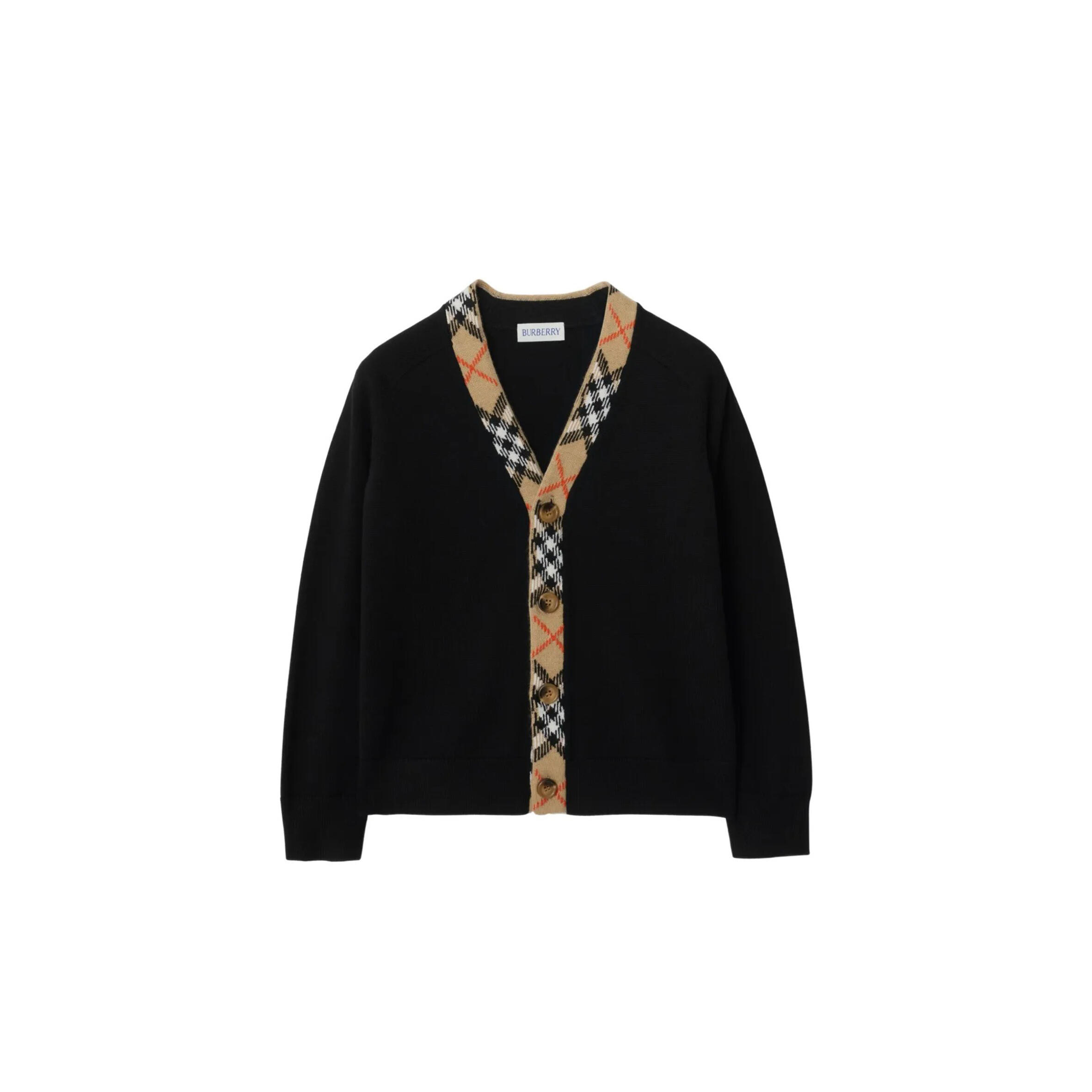 BURBERRY CHECKERED TRIM WOOL CARDIGAN 